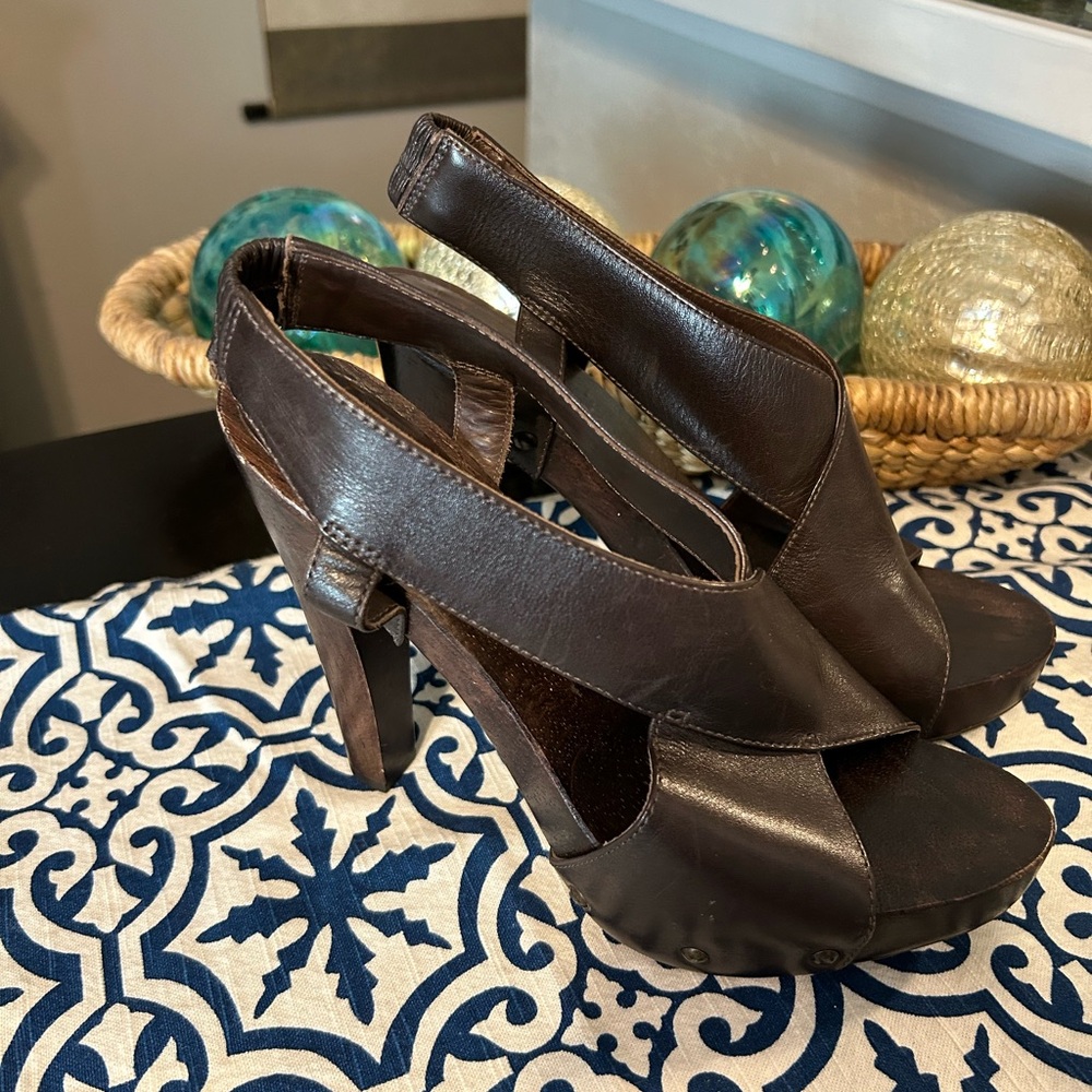 Diane Von Furstenberg Dark Brown Leather Peep-Toe Heels